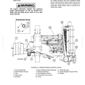 Pode incluir: Um diagrama de instala&ccedil;&atilde;o do m&oacute;dulo do motor com etiquetas de componentes detalhadas. O diagrama inclui um aviso sobre o peso do motor, aproximadamente 16.760 kg. A imagem tamb&eacute;m apresenta um detalhe de montagem traseira e uma lista de pe&ccedil;as.
