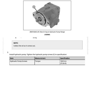 May include: Diagram showing hydraulic pump installation. It features a pump image, an O-ring, and instructions. The text specifies a torque of 100 N&middot;m for the hydraulic pump screws.