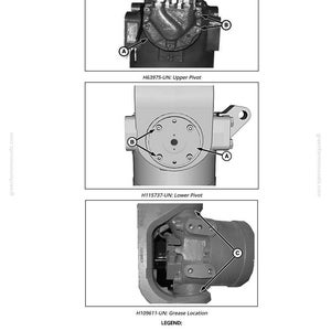 K&ouml;nnte beinhalten: Diagramm mechanischer Komponenten, einschlie&szlig;lich oberer und unterer Drehzapfen und Schmierstellen. Das Bild enth&auml;lt Beschriftungen f&uuml;r Drehzapfenstifte, Innensechskantschrauben und Schmierstellen. Text: "Kopfschrauben nach Spezifikation anziehen."