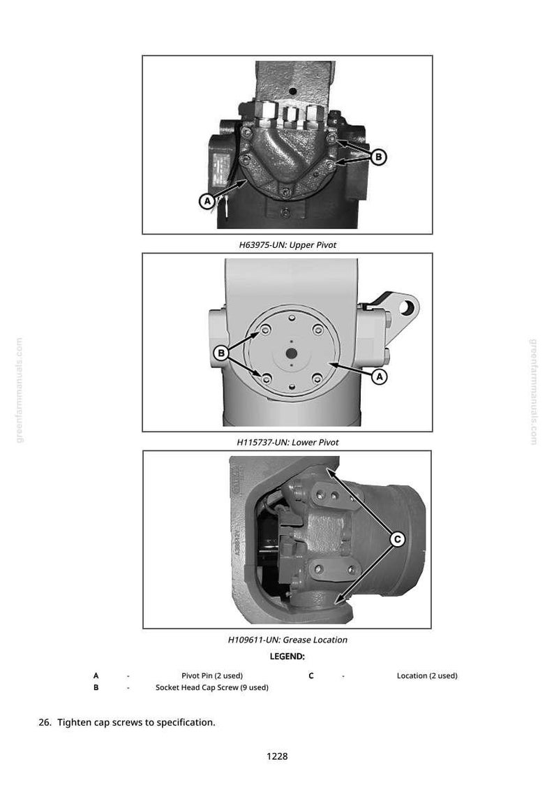 K&ouml;nnte beinhalten: Diagramm mechanischer Komponenten, einschlie&szlig;lich oberer und unterer Drehzapfen und Schmierstellen. Das Bild enth&auml;lt Beschriftungen f&uuml;r Drehzapfenstifte, Innensechskantschrauben und Schmierstellen. Text: "Kopfschrauben nach Spezifikation anziehen."
