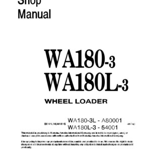 Może przedstawiać: Biała instrukcja warsztatowa z napisem "Shop Manual" u g&oacute;ry. Tytuł instrukcji to "WA180-3 WA180L-3 WHEEL LOADER". Numery seryjne to WA180-3L - A80001 i wyższe oraz WA180L-3 - 54001. Prawa autorskie to 2000 Komatsu.