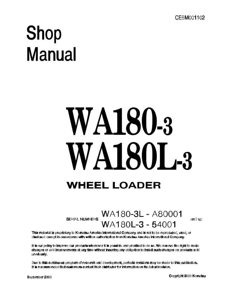 Może przedstawiać: Biała instrukcja warsztatowa z napisem "Shop Manual" u g&oacute;ry. Tytuł instrukcji to "WA180-3 WA180L-3 WHEEL LOADER". Numery seryjne to WA180-3L - A80001 i wyższe oraz WA180L-3 - 54001. Prawa autorskie to 2000 Komatsu.