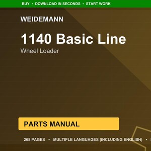 May include: A digital document cover with the Weidemann logo and "1140 Basic Line" text. The document is labeled "Parts Manual" and indicates 268 pages, multiple languages, and PDF format. The background is a gradient of brown and gold.