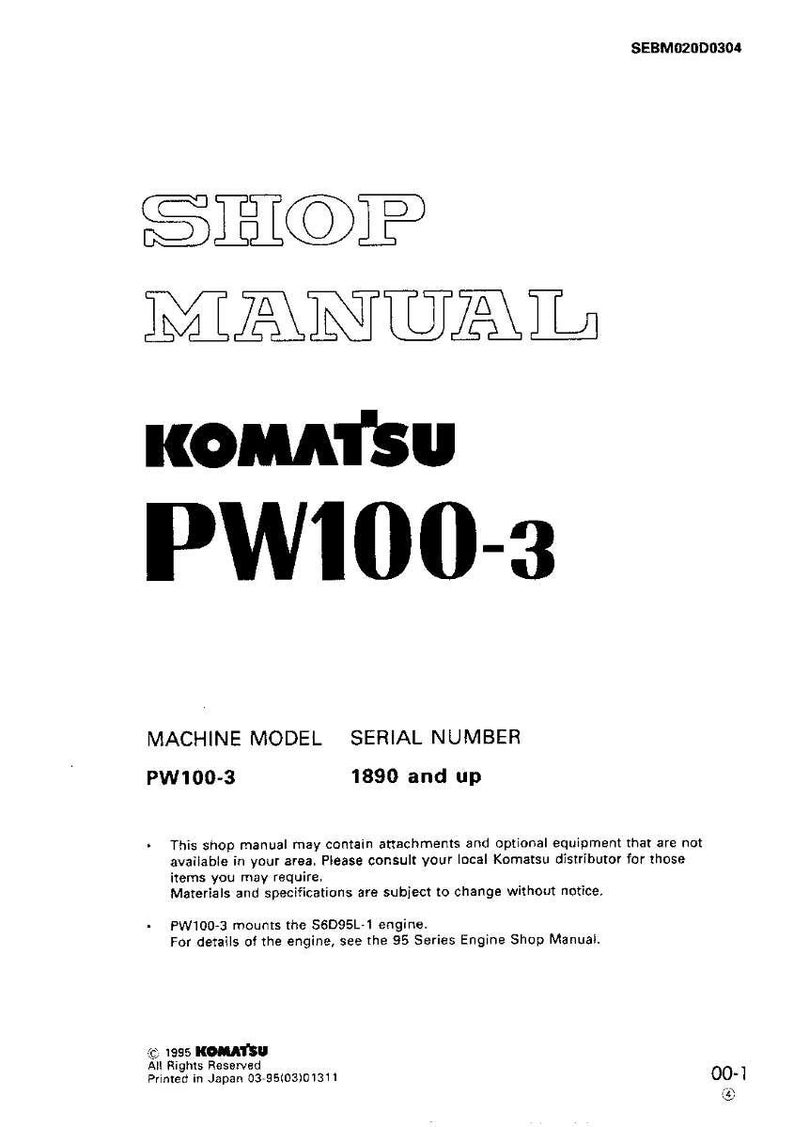 May include: A white shop manual for a Komatsu PW100-3 machine. The cover displays "SHOP MANUAL" in a bold, outlined font, with the Komatsu logo and model number. The serial number is 1890 and up. Measurements are not applicable.