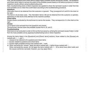 Op de afbeelding: Een gedetailleerde probleemoplossingstabel voor een motor (S-modus). De tabel is verdeeld in secties: Vragen, Controle-items, Oorzaken en Probleemoplossing. Bevat instructies en symbolen om potenti&euml;le problemen te identificeren. Tekst bevat "Vragen", "Controle-items" en "Oorzaken".