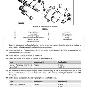 May include: Diagram of an AT3650-UN planetary carrier assembly with labeled parts A through K. Includes a legend with part names and quantities. Also shows torque specifications for screws and drain plugs in both Newton-meters and pound-feet.