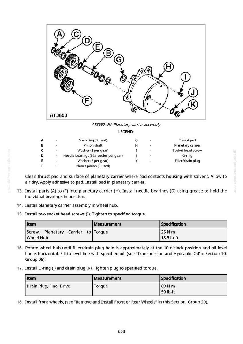 May include: Diagram of an AT3650-UN planetary carrier assembly with labeled parts A through K. Includes a legend with part names and quantities. Also shows torque specifications for screws and drain plugs in both Newton-meters and pound-feet.