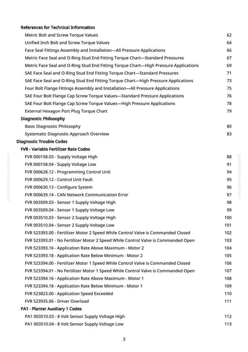 May include: A printed page with a table of contents, listing technical information, diagnostic philosophy, and diagnostic trouble codes. The document includes references for torque values, fittings, and fertilizer rate codes. The page number is 3.