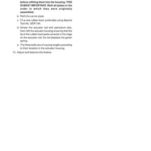 May include: A page from a workshop service manual with instructions for mechanical repairs. The text includes steps for refitting parts, using special tools, and adjusting brakes. The manual's title and issue number are also visible.