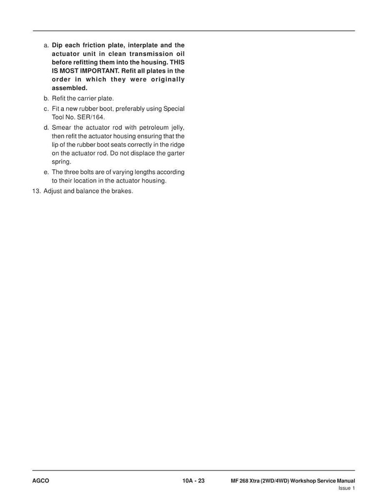 May include: A page from a workshop service manual with instructions for mechanical repairs. The text includes steps for refitting parts, using special tools, and adjusting brakes. The manual's title and issue number are also visible.