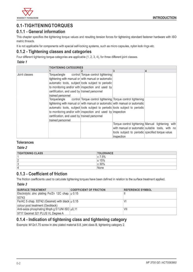 May include: A technical document from Massey Ferguson detailing tightening torque specifications for standard fastener hardware. The document includes tables outlining tightening categories, tolerances, and coefficients of friction for various surface treatments.