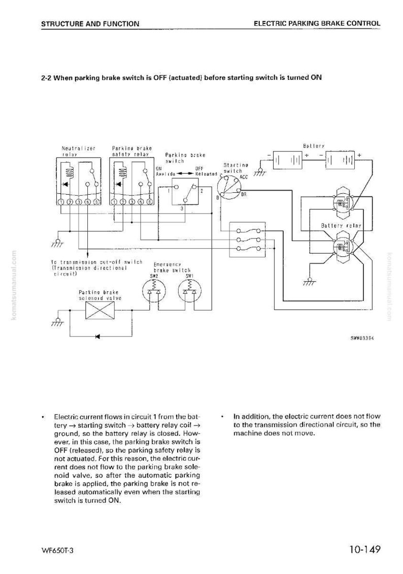 K&ouml;nnte beinhalten: Diagramm eines elektrischen Parkbremskontrollsystems mit Beschriftungen f&uuml;r Relais, Schalter und Schaltkreise. Das Diagramm enth&auml;lt Text und Symbole, die den Stromfluss und die Funktion jeder Komponente veranschaulichen. Der Text enth&auml;lt den Titel "STRUKTUR UND FUNKTION".