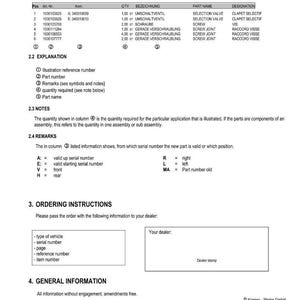 May include: A printed document with the title "INFORMATION" and a part number reference list. The document includes tables with part numbers, descriptions, and quantities. It also has ordering instructions and general information.