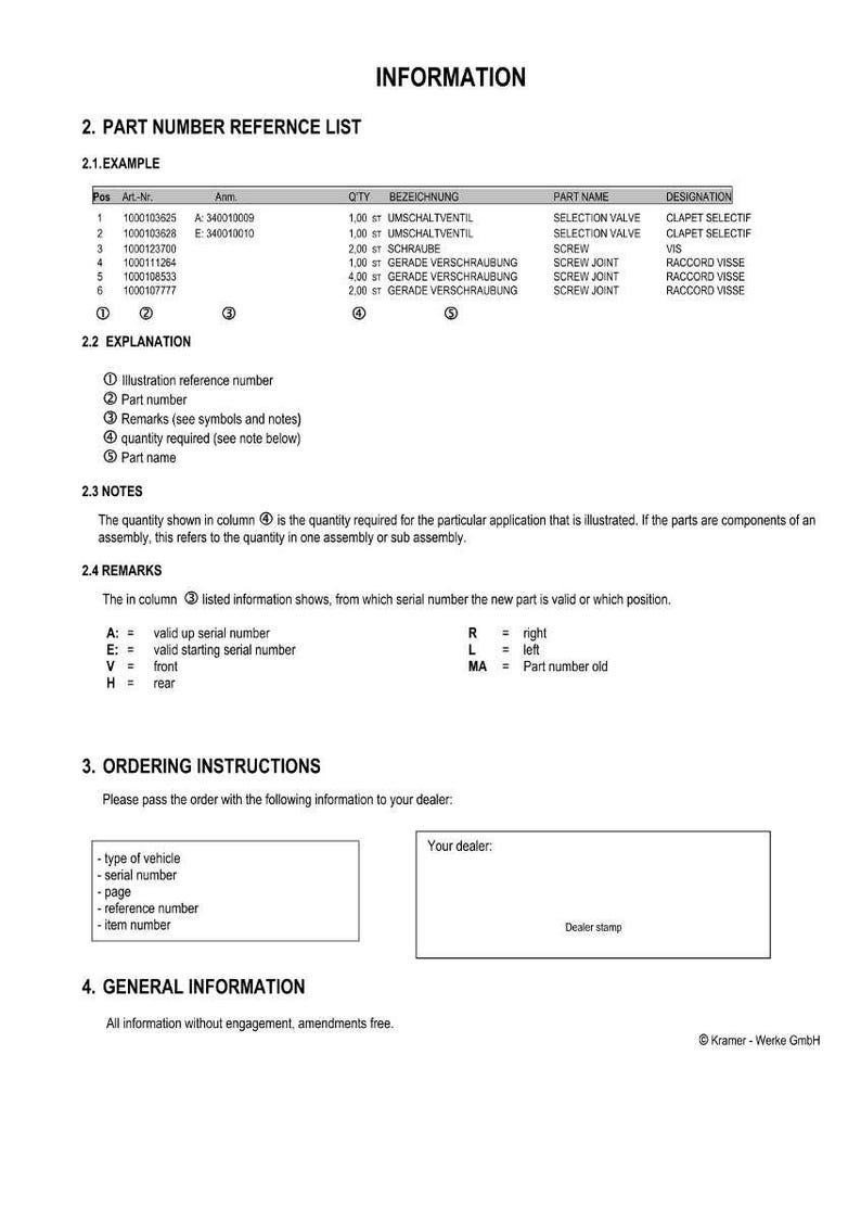 May include: A printed document with the title "INFORMATION" and a part number reference list. The document includes tables with part numbers, descriptions, and quantities. It also has ordering instructions and general information.
