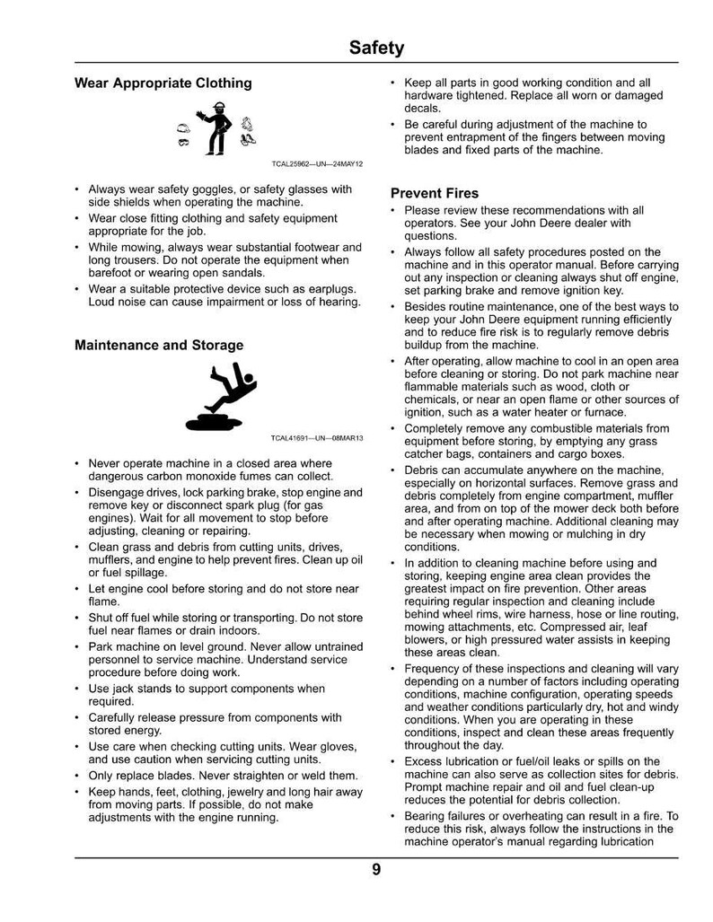 K&ouml;nnte beinhalten: Sicherheitsanweisungsseite mit Illustrationen. Enth&auml;lt Warnungen zum Tragen geeigneter Kleidung, wie Schutzbrillen, und Wartungsrichtlinien f&uuml;r Maschinen, wobei der Schwerpunkt auf Brandschutz und sicherer Bedienung liegt.