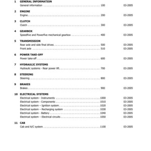 May include: A white page titled "TABLE OF CONTENTS" detailing vehicle sections. These include General Information, Engine, Clutch, Gearbox, Transmission, Power Take-Off, Hydraulic Systems, Steering, Brakes, Electrical Systems, and Cab.