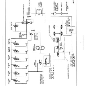 Puede incluir: Un diagrama esquem&aacute;tico detallado de un circuito de bomba de carga de transmisi&oacute;n de m&aacute;quina con un servofreno. El diagrama incluye etiquetas para varios componentes como el convertidor de par, el filtro y los dep&oacute;sitos. El texto "Figura 13" es visible.