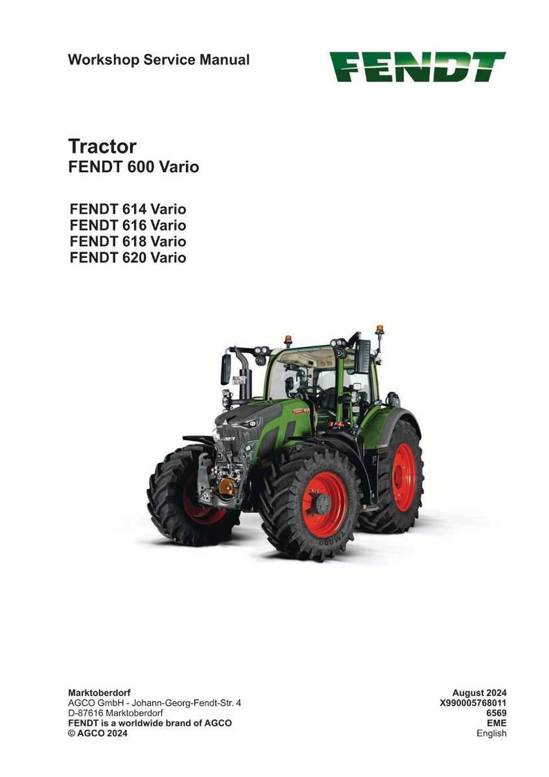 May include: A green and black Fendt 600 Vario tractor with red wheels is featured on a white background. The image is from a workshop service manual and includes the Fendt logo and model details.