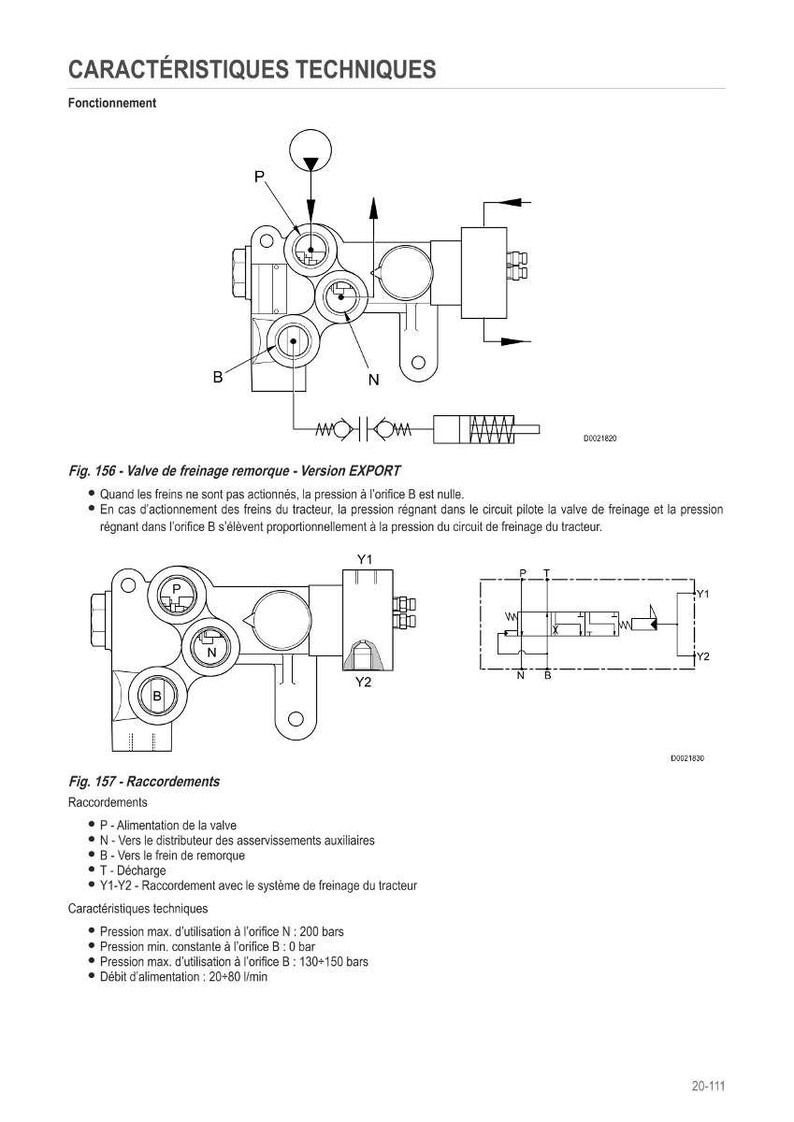 Op de afbeelding: Technische diagram van een aanhanger remventiel, met gelabelde componenten en technische specificaties. De afbeelding bevat figuren en Franse tekst, met details over druk en debiet voor de werking van de klep.