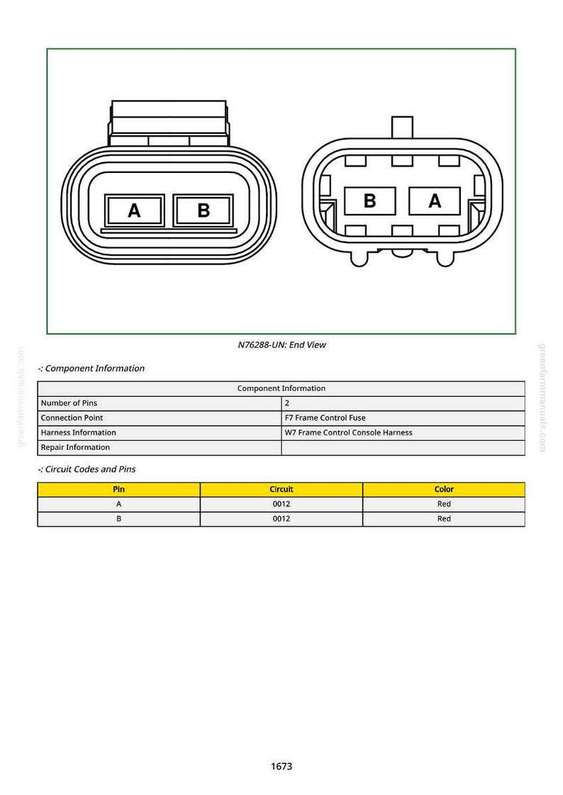 Puede incluir: Diagrama de un conector el&eacute;ctrico con dos vistas, etiquetadas A y B. El texto "N76288-UN: End View" est&aacute; presente. Una tabla a continuaci&oacute;n proporciona informaci&oacute;n sobre componentes y circuitos, incluidos los n&uacute;meros de pin, circuitos y c&oacute;digos de color rojo.