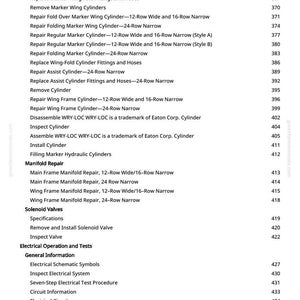 May include: A page from a manual with a table of contents. The text includes terms like "Inspect Cylinder," "Repair Wing Frame Cylinder," and "Solenoid Valves." Page numbers are listed on the right.