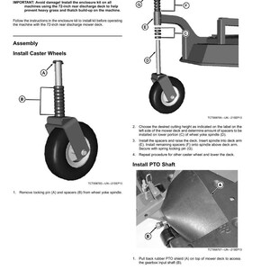 May include: Diagram of mower assembly instructions. Includes steps for installing the enclosure kit, caster wheels, and PTO shaft. Features labeled parts and diagrams for clarity. Text includes "Assembly" and "Install".