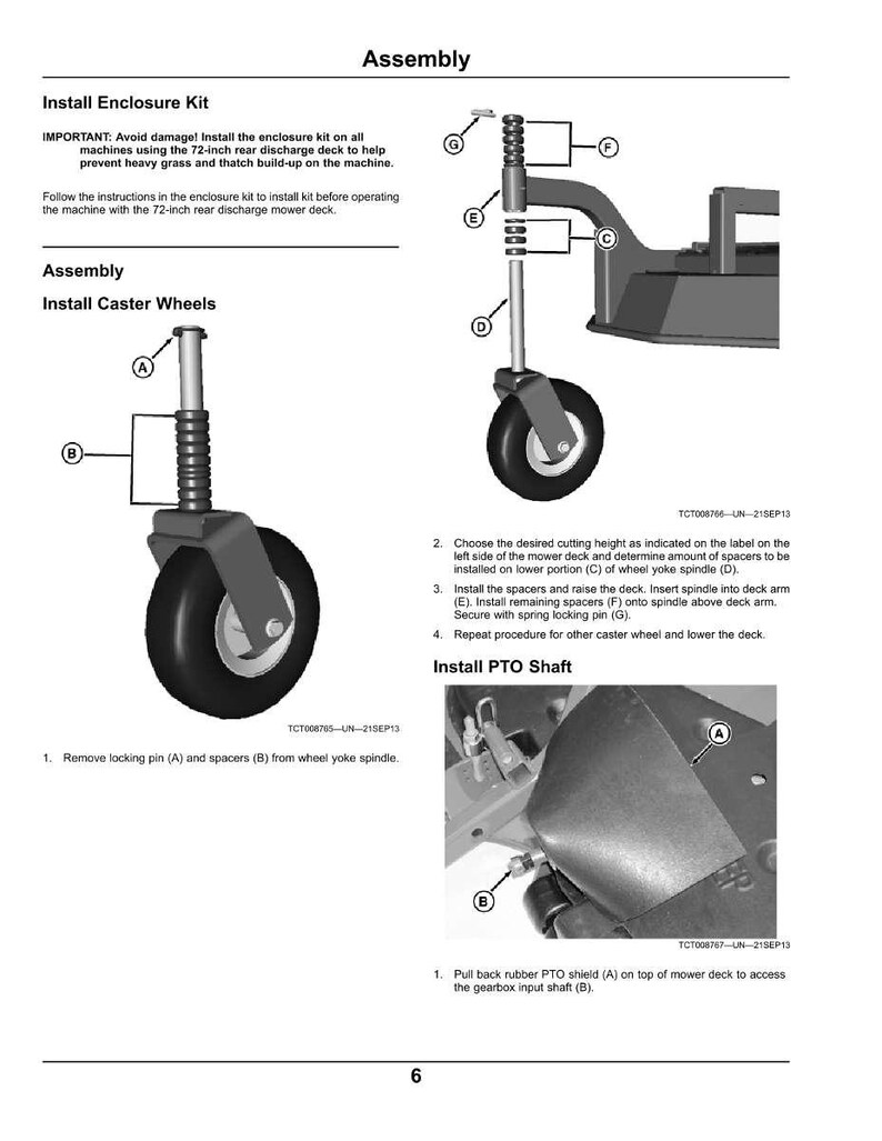 May include: Diagram of mower assembly instructions. Includes steps for installing the enclosure kit, caster wheels, and PTO shaft. Features labeled parts and diagrams for clarity. Text includes "Assembly" and "Install".