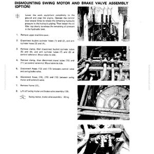 May include: A page from a manual detailing the dismounting of a swing motor and brake valve assembly. The text includes numbered steps with diagrams of the components. The assembly weighs 60 kg.
