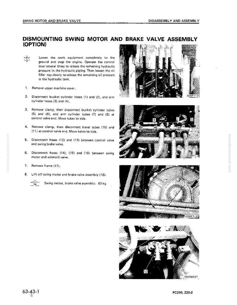 May include: A page from a manual detailing the dismounting of a swing motor and brake valve assembly. The text includes numbered steps with diagrams of the components. The assembly weighs 60 kg.