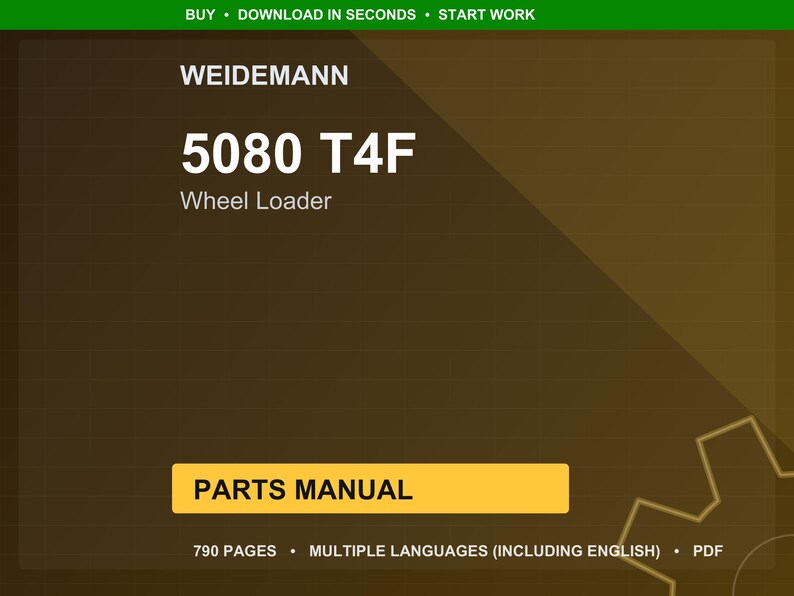 May include: A digital document cover with the Weidemann logo and the text "5080 T4F Wheel Loader." The cover is brown with a yellow rectangle that says "PARTS MANUAL." The document is 790 pages and in multiple languages.