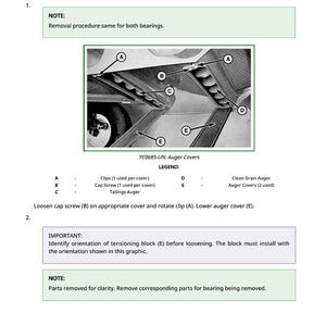 K&ouml;nnte beinhalten: Diagramm zur Demontage und Montage von Rein- und Tailings-Elevatorlagern auf der linken Seite. Das Bild enth&auml;lt Beschriftungen f&uuml;r Clips, Schrauben und Schneckenabdeckungen, mit einem Hinweis zum Verfahren.