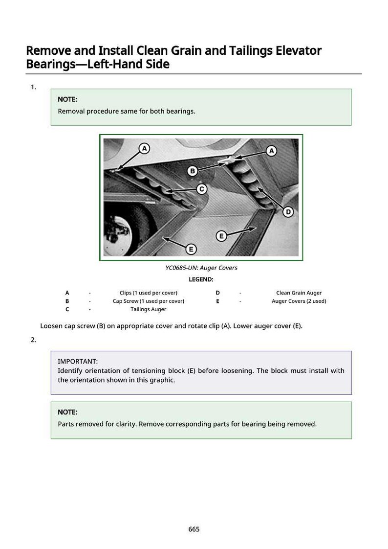 K&ouml;nnte beinhalten: Diagramm zur Demontage und Montage von Rein- und Tailings-Elevatorlagern auf der linken Seite. Das Bild enth&auml;lt Beschriftungen f&uuml;r Clips, Schrauben und Schneckenabdeckungen, mit einem Hinweis zum Verfahren.