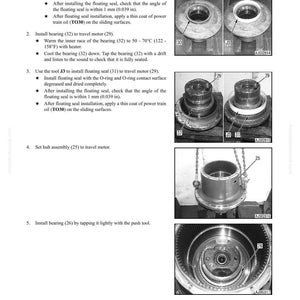 May include: Technical diagram showing disassembly and assembly instructions for a power train. Includes images of components like floating seals, bearings, and hub assemblies. Text details steps for installation and maintenance, with measurements in inches and Fahrenheit.