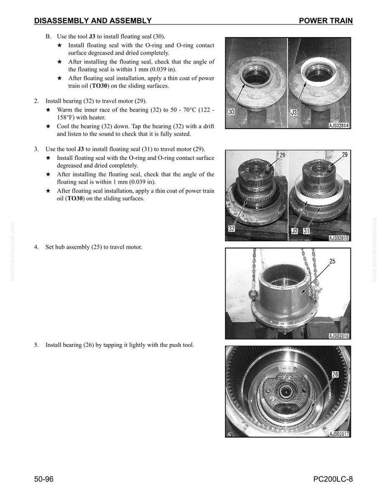 May include: Technical diagram showing disassembly and assembly instructions for a power train. Includes images of components like floating seals, bearings, and hub assemblies. Text details steps for installation and maintenance, with measurements in inches and Fahrenheit.