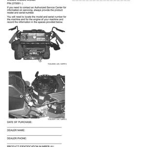 Pu&ograve; includere: Un documento di identificazione del prodotto intitolato "Identificazione del prodotto". Il documento include sezioni per i numeri di identificazione dei record, il numero di serie del motore, la data di acquisto, il nome del rivenditore e il numero di identificazione del prodotto.