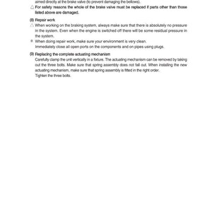 May include: A white page with black text detailing maintenance and repair instructions for a brake valve and actuating mechanism. Includes safety warnings and steps for repair work. The page number is 4-14.