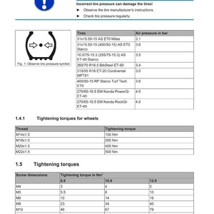 May include: A page from a service and repair manual with air pressure and tightening torque tables for tires and wheels. Includes tire sizes, air pressure in bar, thread sizes, and tightening torque in Newton meters.