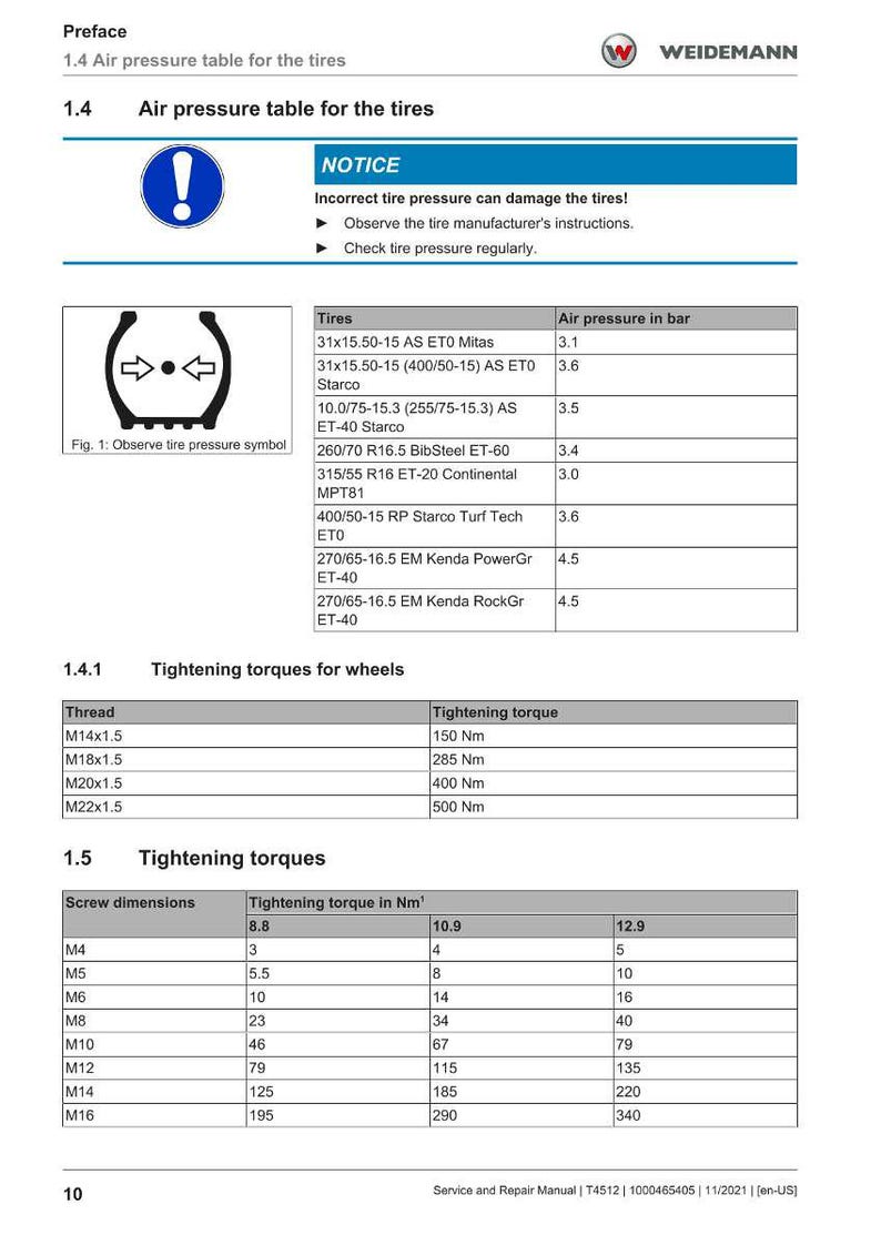 May include: A page from a service and repair manual with air pressure and tightening torque tables for tires and wheels. Includes tire sizes, air pressure in bar, thread sizes, and tightening torque in Newton meters.