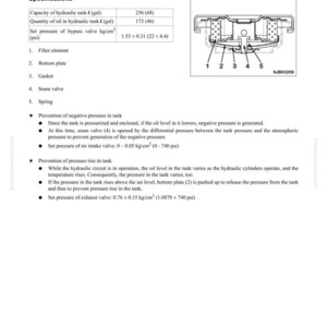 May include: Diagram of a tank vent system with specifications, including capacity, oil quantity, and bypass valve pressure. The diagram shows a filter element, bottom plate, gasket, seam valve, and spring, with text explaining their functions.