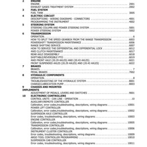 May include: A detailed table of contents from a manual, listing sections and page numbers. Topics include engine, fuel system, electric circuit, steering, transmission, brakes, hydraulic components, and electronic controllers. The document is dated May 2012.