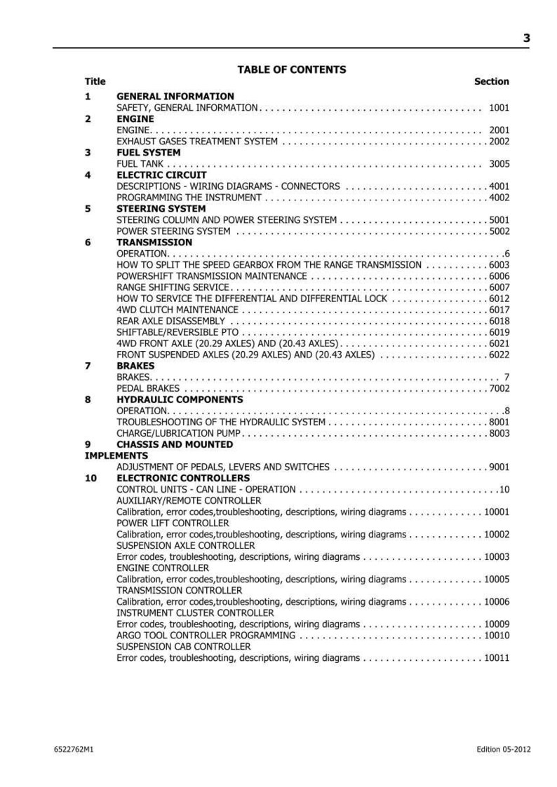 May include: A detailed table of contents from a manual, listing sections and page numbers. Topics include engine, fuel system, electric circuit, steering, transmission, brakes, hydraulic components, and electronic controllers. The document is dated May 2012.