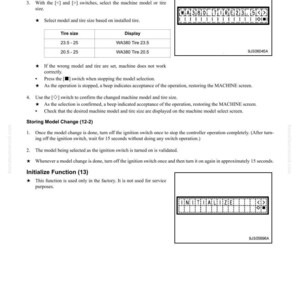 K&ouml;nnte beinhalten: Eine Seite aus einem Handbuch f&uuml;r ein Maschinen&uuml;berwachungssystem, das Test- und Einstellverfahren detailliert. Enth&auml;lt Informationen zu Reifengr&ouml;&szlig;e und Anzeige sowie Diagramme und Anweisungen zur Modellauswahl und Initialisierung. Der Text enth&auml;lt "WA380 TIRE 23.5" und "WA380 Tire 20.5".