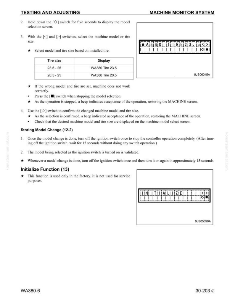 K&ouml;nnte beinhalten: Eine Seite aus einem Handbuch f&uuml;r ein Maschinen&uuml;berwachungssystem, das Test- und Einstellverfahren detailliert. Enth&auml;lt Informationen zu Reifengr&ouml;&szlig;e und Anzeige sowie Diagramme und Anweisungen zur Modellauswahl und Initialisierung. Der Text enth&auml;lt "WA380 TIRE 23.5" und "WA380 Tire 20.5".