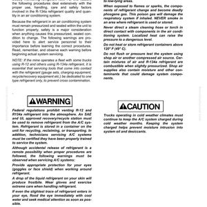 May include: A printed page with safety warnings and instructions for servicing an air conditioning system. The text includes warnings about refrigerant handling, eye protection, and potential hazards.