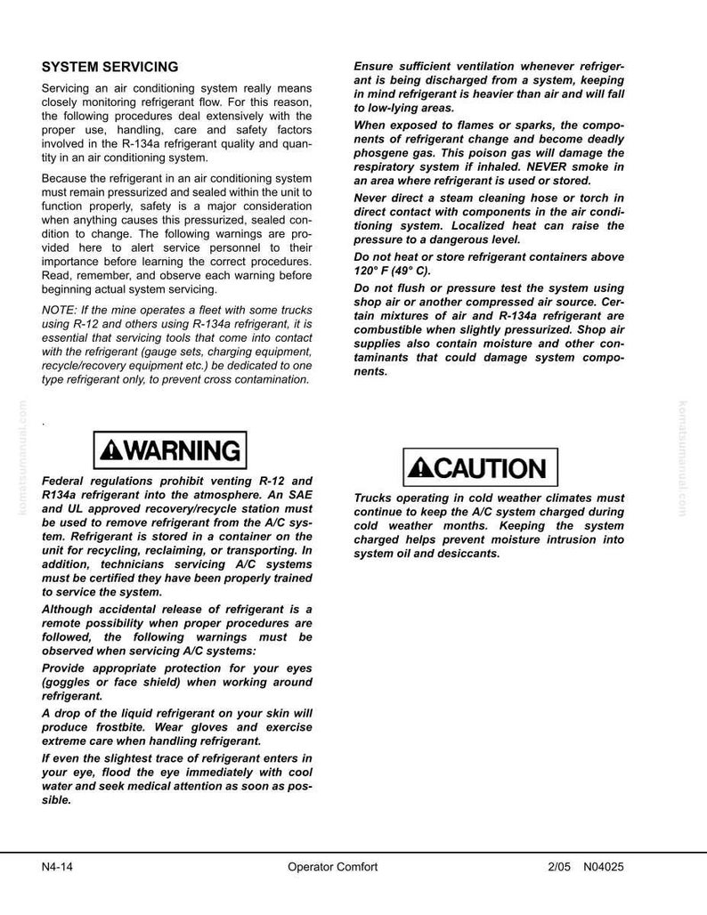 May include: A printed page with safety warnings and instructions for servicing an air conditioning system. The text includes warnings about refrigerant handling, eye protection, and potential hazards.