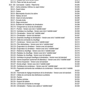 Może przedstawiać: Szczeg&oacute;łowy spis treści, zatytułowany "TABLE DES MATI&Egrave;RES", wymienia r&oacute;żne części i systemy samochodowe z odpowiadającymi numerami stron. Dokument jest w języku francuskim i zawiera terminy takie jak "climatisation" i "ventilateur".