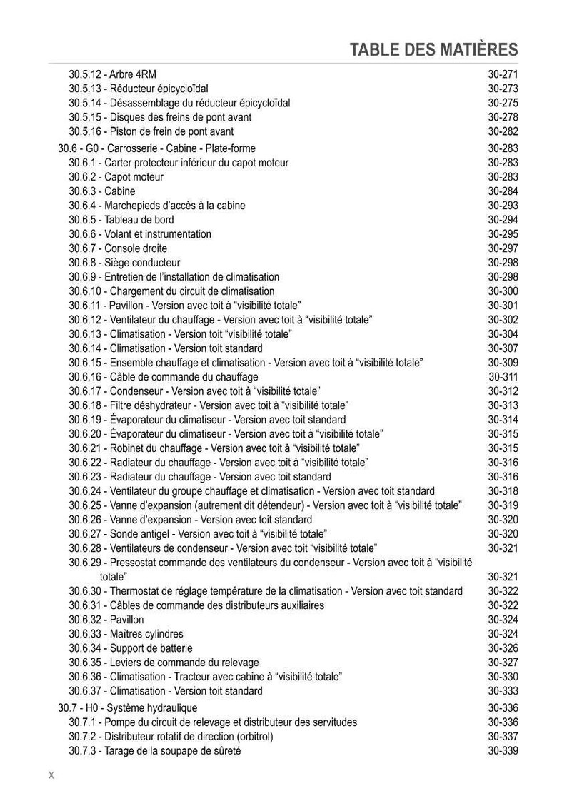 Może przedstawiać: Szczeg&oacute;łowy spis treści, zatytułowany "TABLE DES MATI&Egrave;RES", wymienia r&oacute;żne części i systemy samochodowe z odpowiadającymi numerami stron. Dokument jest w języku francuskim i zawiera terminy takie jak "climatisation" i "ventilateur".
