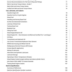 May include: A manual page featuring a table of contents. Key sections include "Fuel, Lubricants, and Coolants", "Diesel Fuel", and "Machine Specifications". Page numbers are displayed on the right.