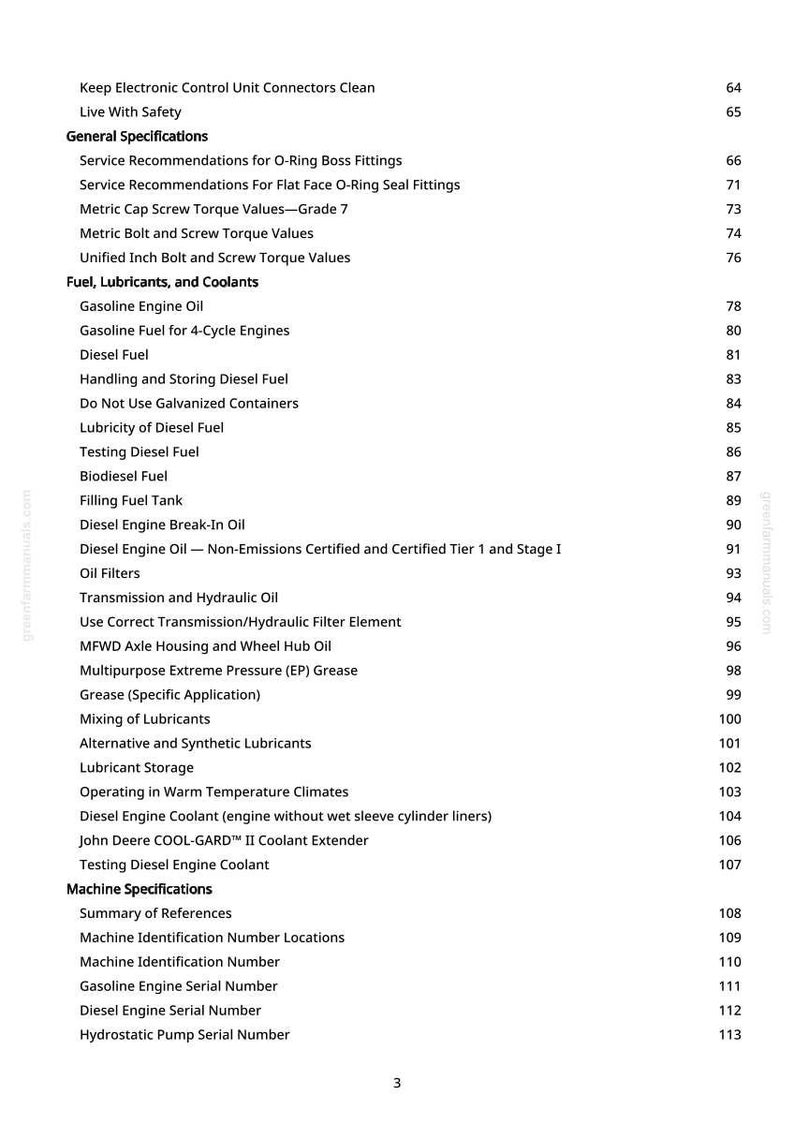 May include: A manual page featuring a table of contents. Key sections include "Fuel, Lubricants, and Coolants", "Diesel Fuel", and "Machine Specifications". Page numbers are displayed on the right.