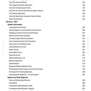 May include: A detailed table of contents from a manual, with a white background and black text. The topics include fuel systems, electrical systems, and relay diagrams. Page numbers are listed on the right.